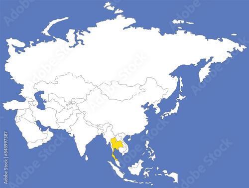 Highlighted yellow map of THAILAND inside white political map of Asia using orthographic projection on dark blue background