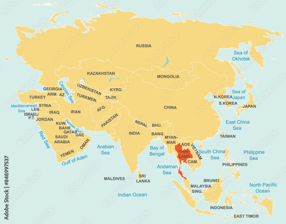 Fototapeta premium Highlighted red map of THAILAND inside orange detailed tagged map of Asia using orthographic projection on blue background