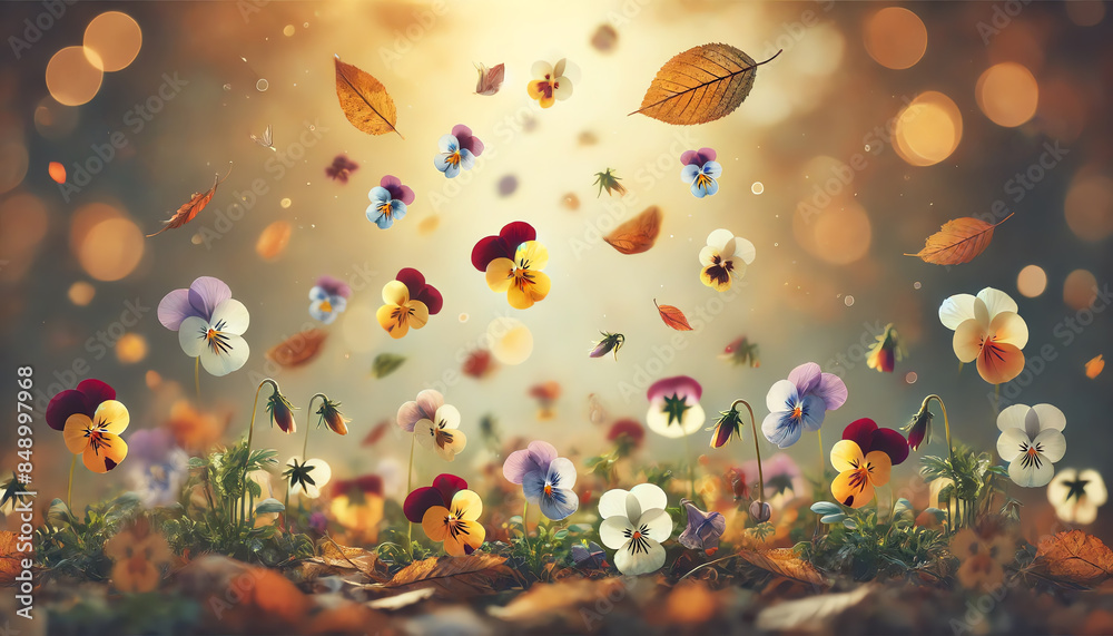 A fall scene with Pansy flowers falling from the top of the image.