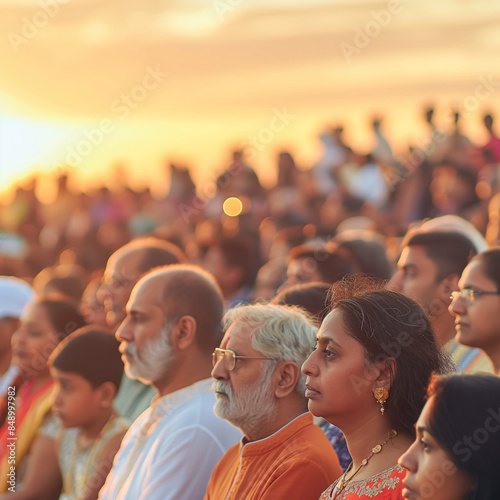 Portrait captures the emotional intensity of a diverse Indian crowd celebrating Dussehra. Traditional clothing with a modern touch complements the golden hour light, a tapestry of joy and devotion.