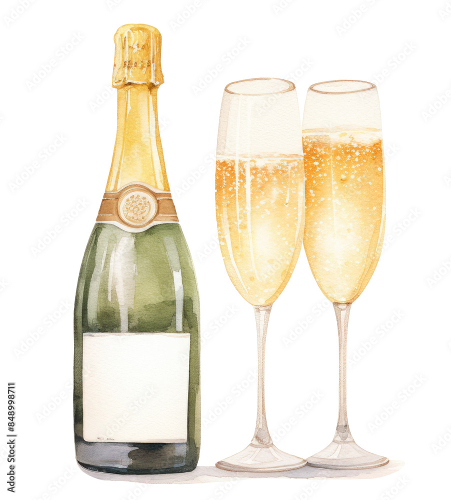 Champagne bottle and two filled flutes, elegant celebration, and luxury beverage concept. Champagne bottle and two filled flutes, elegant celebration, and luxury beverage concept.