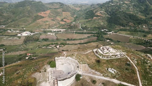 Aerial of Archaeological Park of Segesta ruins in Sicily , Italy photo