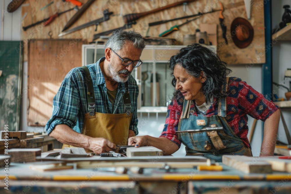 An older couple working together in a woodworking shop, smiling and enjoying their craft. An older couple working together in a woodworking shop, smiling and enjoying their craft.