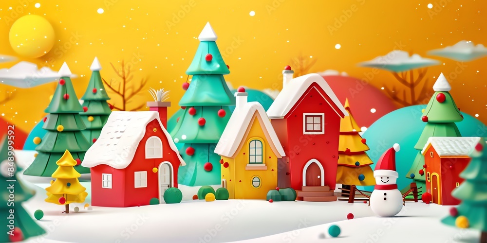 3d, a greeting card with houses and trees in the snow, colorful cartoon illustration of smiling characters, bold lines, simple shapes, flat design, textured illustrations, Christmas theme, 3d, a greeting card with houses and trees in the snow, colorful cartoon illustration of smiling characters, bold lines, simple shapes, flat design, textured illustrations, Christmas theme,