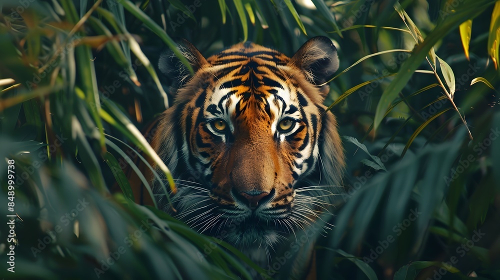 Regal Tiger Stalking Through Dense Jungle Foliage Striking Stripes Blending Into Dappled Light Regal Tiger Stalking Through Dense Jungle Foliage Striking Stripes Blending Into Dappled Light