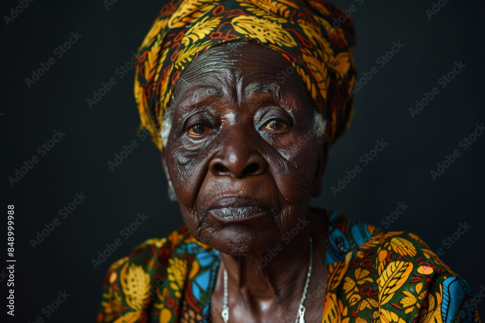 Fototapeta premium Close-up portrait of elderly African woman, studio photo