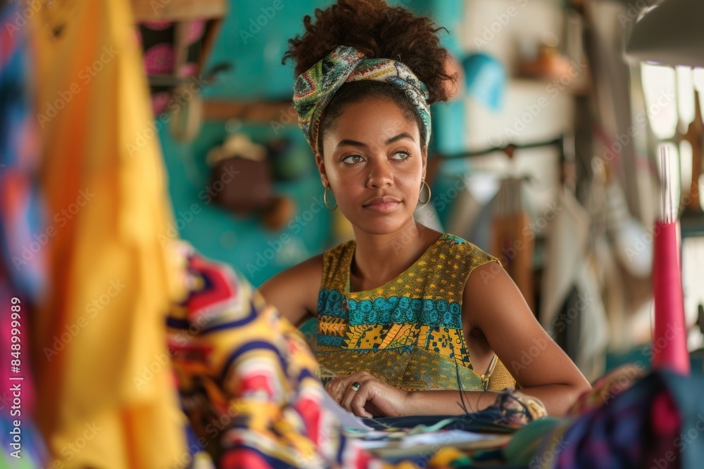 Young woman in a colorful headscarf and dress working in a vibrant textile workshop, surrounded by fabrics. Young woman in a colorful headscarf and dress working in a vibrant textile workshop, surrounded by fabrics.