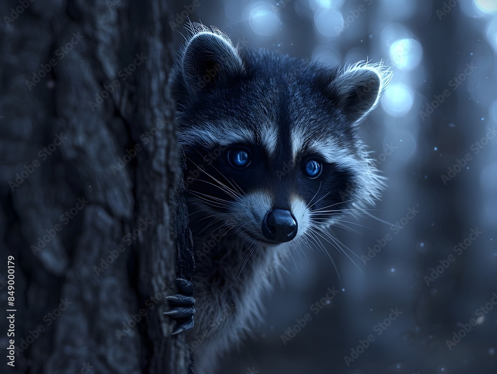Curious Raccoon Peeking from Tree in Moonlit Forest Reflecting Light in Its Mischievous Eyes Curious Raccoon Peeking from Tree in Moonlit Forest Reflecting Light in Its Mischievous Eyes
