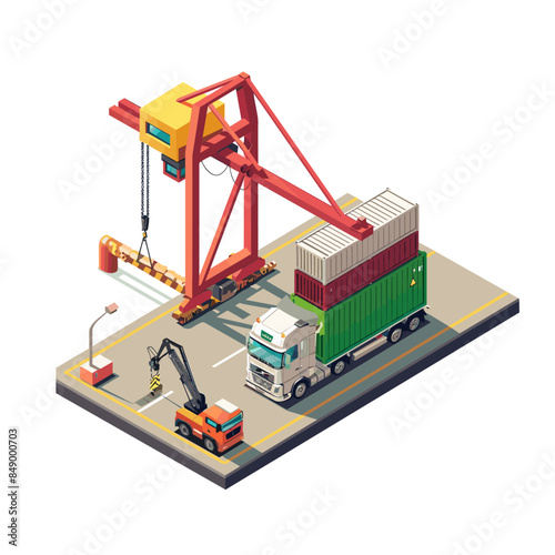 A cargo truck is being loaded with containers in the style of an crane at the port, Isometric vector illustration style