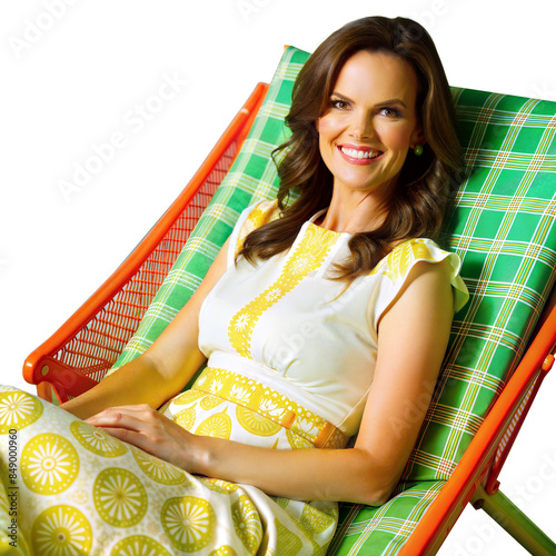 Smiling woman in summer dress relaxing on a colorful chair photo