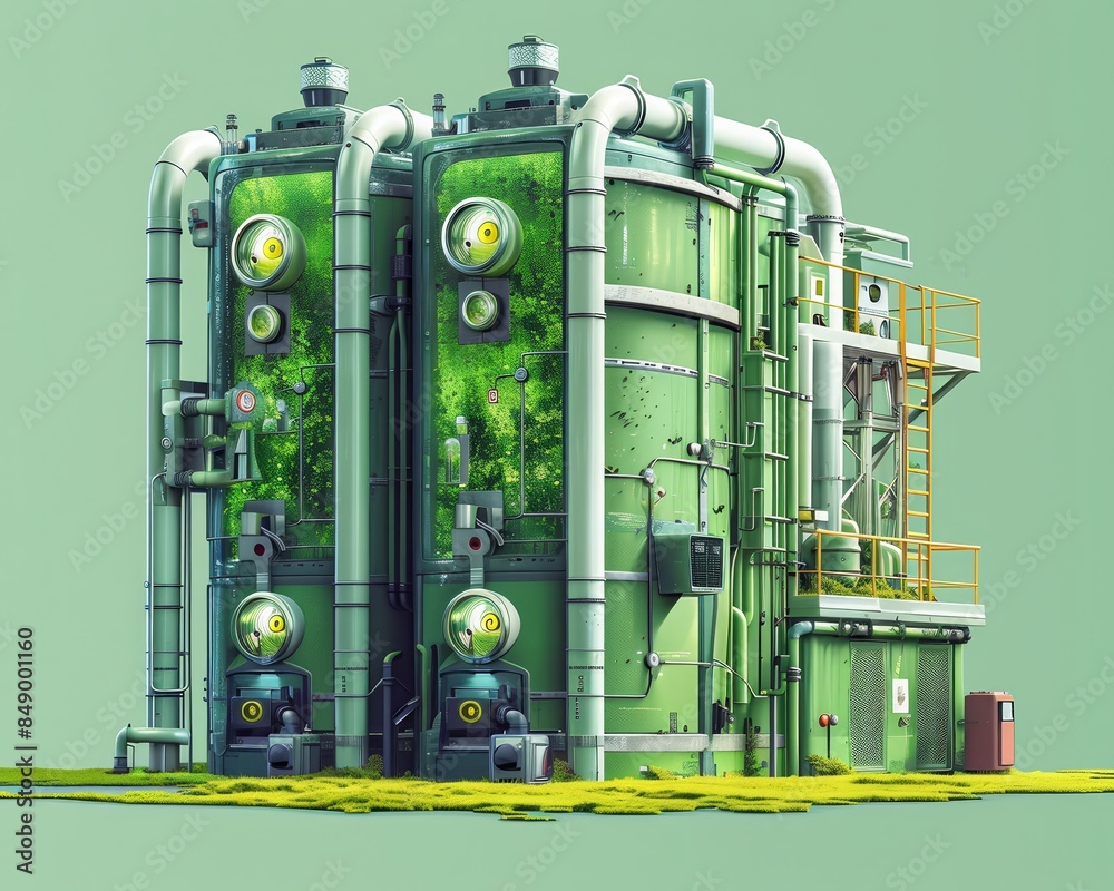 Green factory exterior with pipes and a platform