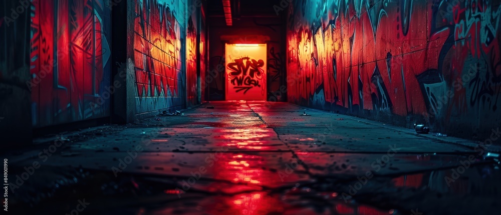 Colorful graffiti in a dark urban alley at night