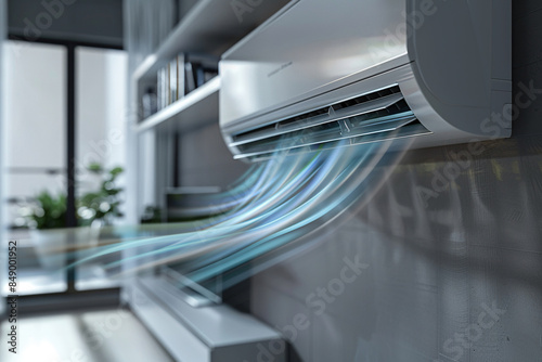 Air conditioner (AC) indoor unit  with cold air flow. Ai generative photo