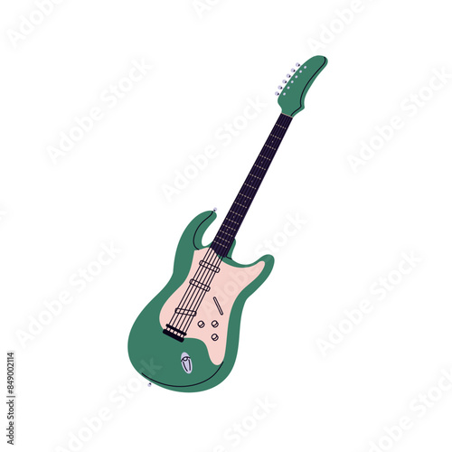 Green electric bass guitar. Professional string music instrument for rock concert. Guitarist equipment for modern punk, heavy metal performance. Flat isolated vector illustration on white background