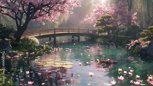 Serene Japanese Garden with Bonsai Trees and Koi Pond