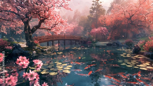 Serene Japanese Garden with Bonsai Trees and Koi Pond