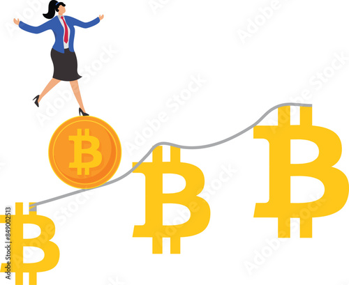 Cryptocurrency investment growth high risk high reward, cryptocurrency investment return or profit increase, businesswoman investors walk a tightrope from small bitcoin to bigger bitcoin