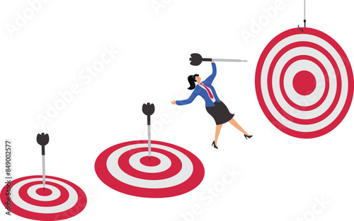 Achieve business target by completing work, goals accomplished concept, task management to achieve career success, businesswoman jumping while carrying darts to stick into the dartboard