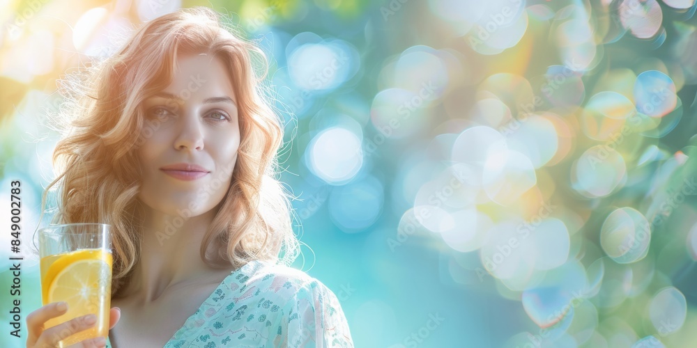 A young woman enjoying a refreshing drink outdoors, surrounded by colorful bokeh, radiating happiness and tranquility. A young woman enjoying a refreshing drink outdoors, surrounded by colorful bokeh, radiating happiness and tranquility.