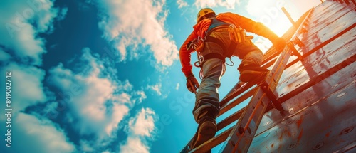 Construction worker climbing a ladder with tools in hand, focused and determined