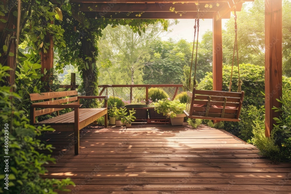 Beautiful wooden terrace with garden furniture and swing surrounded by greenery on a warm, summer day with warm sun light Beautiful wooden terrace with garden furniture and swing surrounded by greenery on a warm, summer day with warm sun light