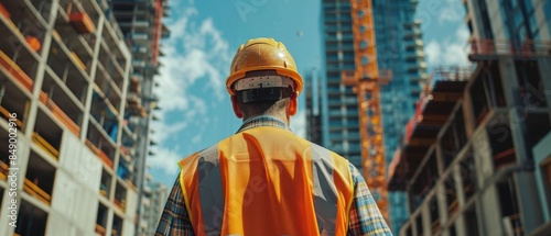 Construction worker in a hard hat and safety vest operating a crane, towering structures in the background