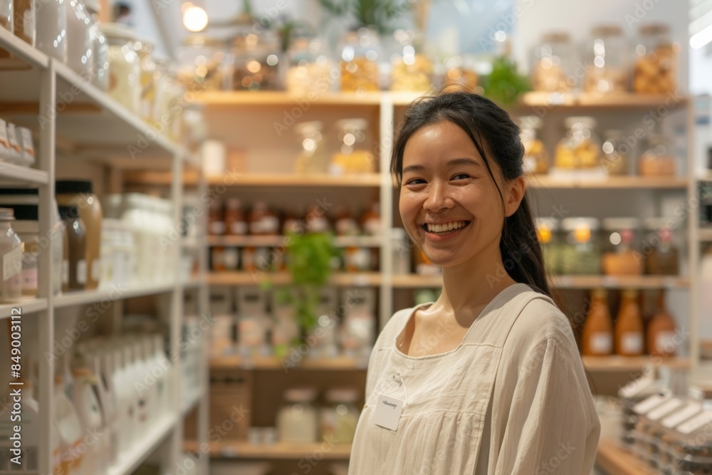 Smiling employee in a well-organized store, surrounded by various products on shelves, showcasing a friendly and inviting atmosphere. Smiling employee in a well-organized store, surrounded by various products on shelves, showcasing a friendly and inviting atmosphere.