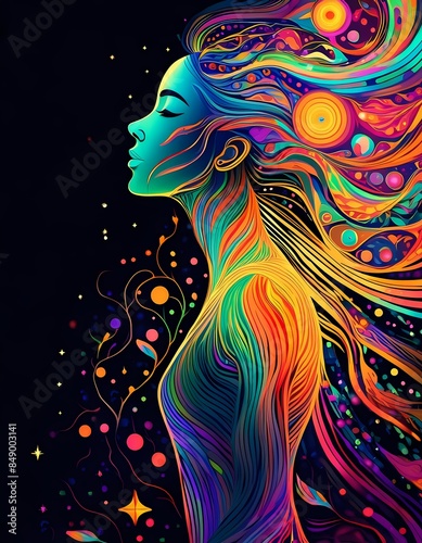 abstract The silhouette of a woman with bright colors and black background psychedelic