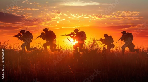 Silhouette of soldiers conducting a military operation at sunrise © kimly