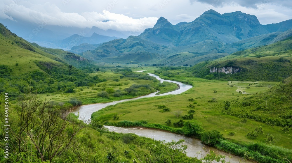 a winding river cutting through a verdant valley surrounded by mountains