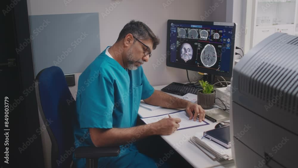 Medium shot of middle-aged male neurologist wearing blue medical uniform sitting at table and writing report after analyzing patients brain MRI scan displaying on computer screen Medium shot of middle-aged male neurologist wearing blue medical uniform sitting at table and writing report after analyzing patients brain MRI scan displaying on computer screen