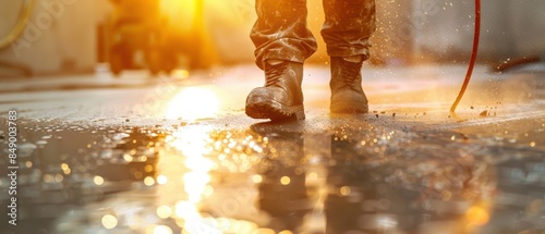 Construction worker leveling concrete photo