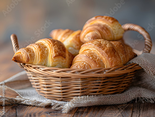 a basket of croissants on a table. The croissants are golden-brown and flaky.