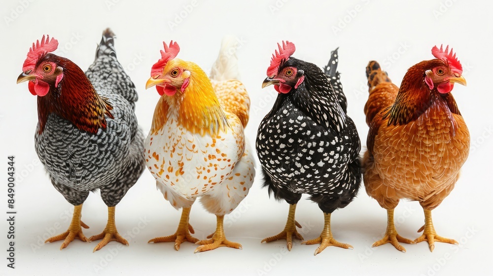 Fototapeta premium Four colorful chickens standing in a row with white background, showcasing various feather patterns and vibrant combs.