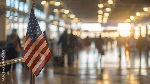 Blurred American flag in an airport terminal