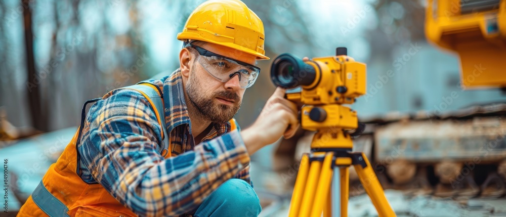 Construction worker setting up a laser level Construction worker setting up a laser level