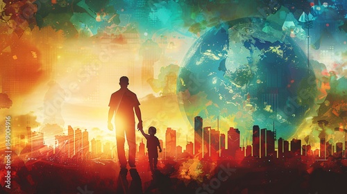 A silhouette of an adult holding the hand of their child, with Earth in front and silhouettes of global cities behind them, representing world travel for kids. The background is colorful and vibrant, © naphat