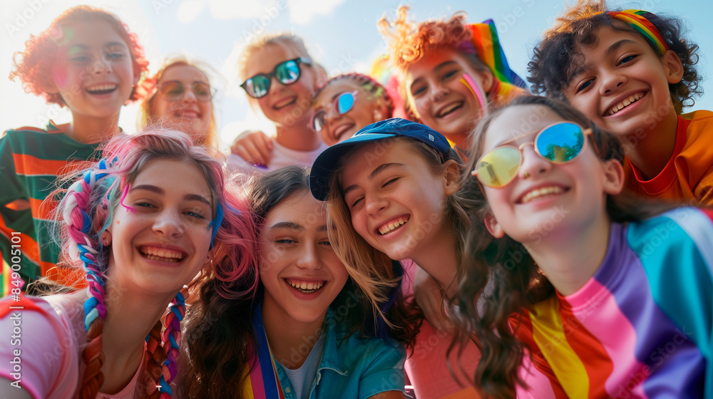 Fototapeta premium a telephoto shot of a group of gender-diverse youth volunteering together at a community event, Gender-diverse people, LGBTQ+, living freely, happily at school, friends, families,