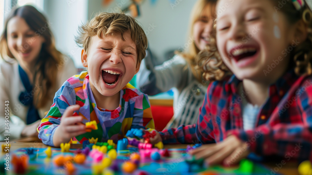 a telephoto shot of a family game night with a gender-diverse child leading the fun, surrounded by laughter and joy, Gender-diverse people, LGBTQ+, living freely, happily at school a telephoto shot of a family game night with a gender-diverse child leading the fun, surrounded by laughter and joy, Gender-diverse people, LGBTQ+, living freely, happily at school