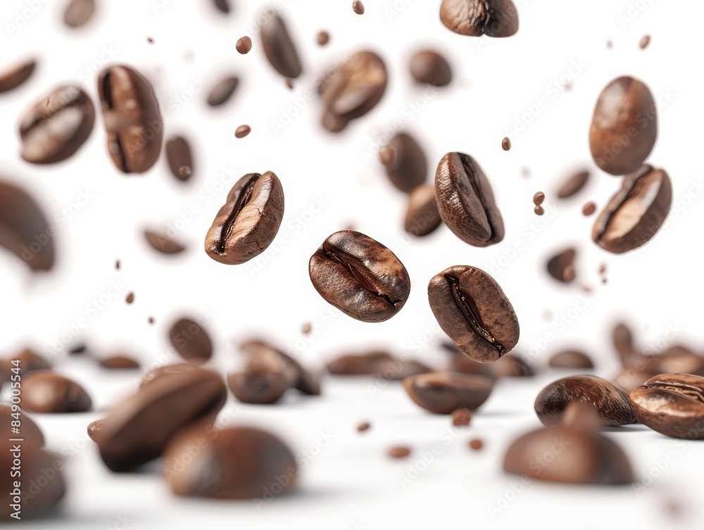 Floating coffee beans isolated on a white background, capturing the rich texture and details of each bean. Floating coffee beans isolated on a white background, capturing the rich texture and details of each bean.