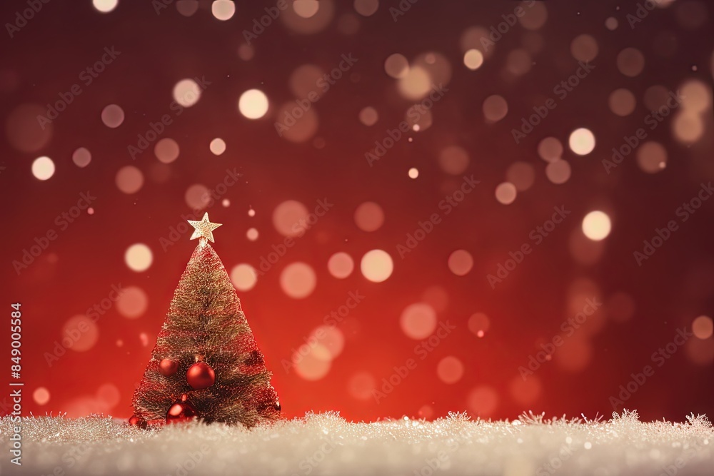 Obraz premium Traditional Christmas Tree with Red Balls and Golden Star on Snowy Ground