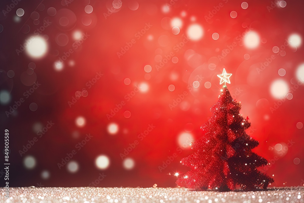 Red Christmas Tree with Star on Bright Table and Glittery Background Red Christmas Tree with Star on Bright Table and Glittery Background