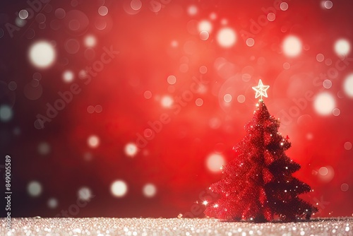 Red Christmas Tree with Star on Bright Table and Glittery Background