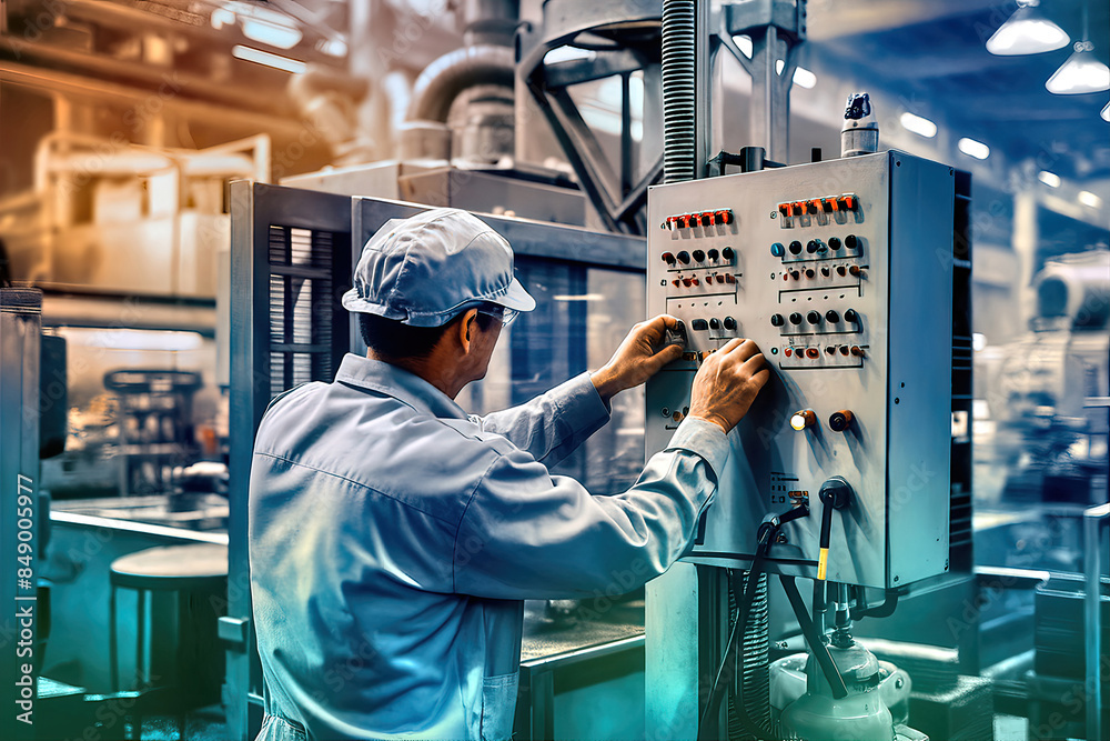 Worker Adjusting Automation Systems on Factory Floor Worker Adjusting Automation Systems on Factory Floor