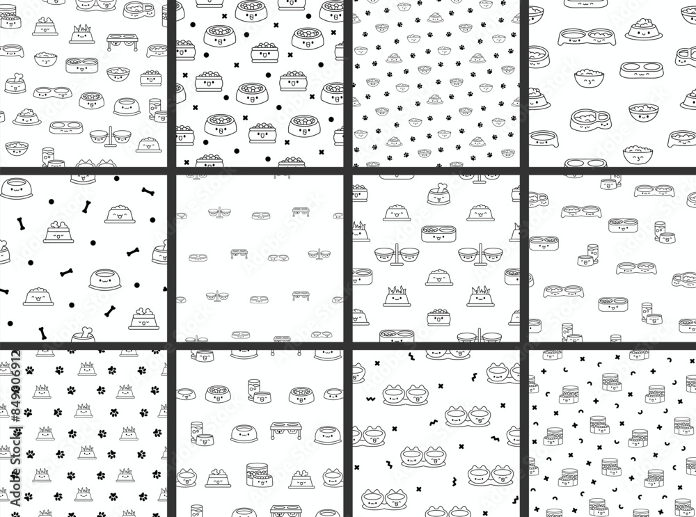 Obraz premium Pets bowl with happy face. Seamless pattern. Coloring Page. Hand drawn style. Vector drawing. Collection of design ornaments.
