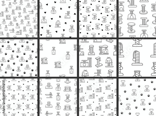 Scratching post for home cats. Seamless pattern. Coloring Page. Kitty houses and furniture. Veterinary shop merchandise. Hand drawn style. Vector drawing. Collection of design ornaments.
