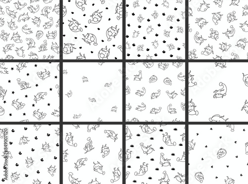 Cute kawaii catfish in different poses. Seamless pattern. Coloring Page. Funny cartoon aquatic animal character. Hand drawn style. Vector drawing. Collection of design ornaments.