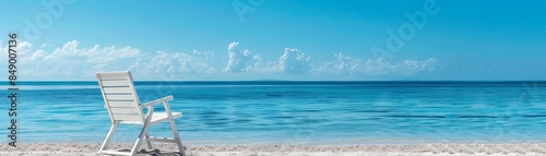 A peaceful beach backdrop featuring a chic chair overlooking the tranquil waters and the endless blue skies
