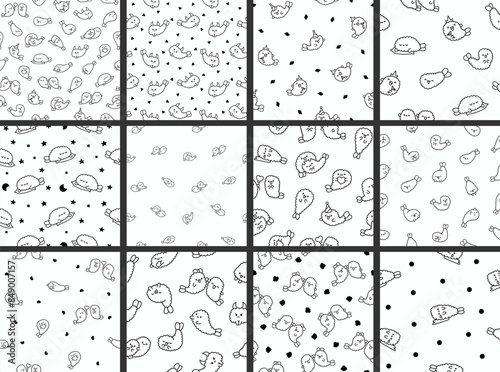 Funny tempura shrimp characters. Seamless pattern. Coloring Page. Cute cartoon japanese food. Hand drawn style. Vector drawing. Collection of design ornaments.