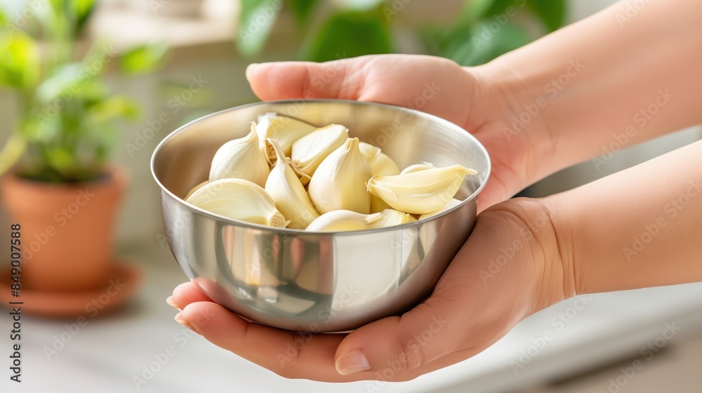 Hands holding a bowl of fresh garlic cloves in a kitchen